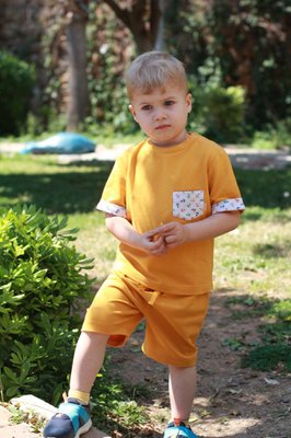 Трикотажна футболка від 1 до 6 років Гірчична з кольоровими манжетами tshirt002_80-1 фото