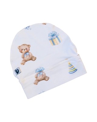 Натуральна трикотажна шапочка для новонароджених 0-3 місяці ведмедики з подарунком hat014 фото